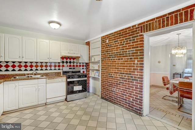 102 S Glebe Rd S, Arlington, VA 22204 - kitchen featuring stainless steel gas range, white dishwasher, a sink, light tile patterned floors, and brick wall