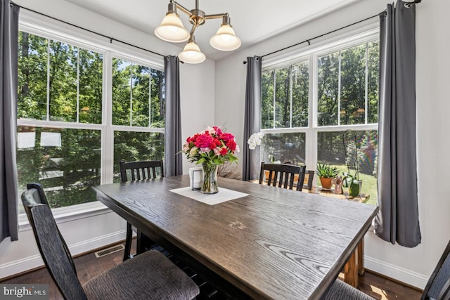 435 Potomac Run Rd, Fredericksburg, VA 22405 - dining room featuring baseboards, dark wood-style floors, plenty of natural light, and a chandelier