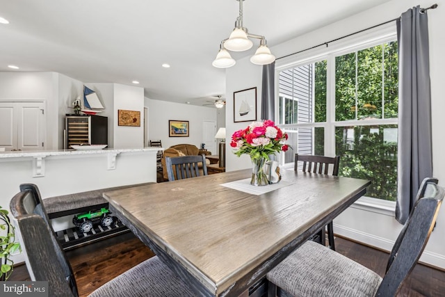435 Potomac Run Rd, Fredericksburg, VA 22405 - dining space with ceiling fan, dark wood-type flooring, recessed lighting, wine cooler, and baseboards