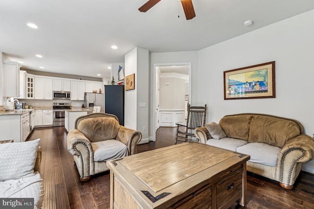435 Potomac Run Rd, Fredericksburg, VA 22405 - living room featuring a ceiling fan, dark wood-style flooring, and recessed lighting