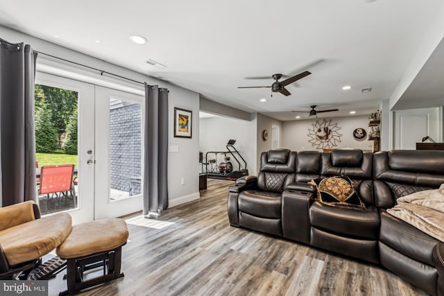 435 Potomac Run Rd, Fredericksburg, VA 22405 - living room with wood finished floors, french doors, a ceiling fan, recessed lighting, and baseboards