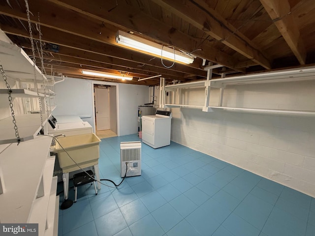 64 Mulberry St, Franklin, WV 26807 - unfinished basement with independent washer and dryer, a sink, and concrete block wall