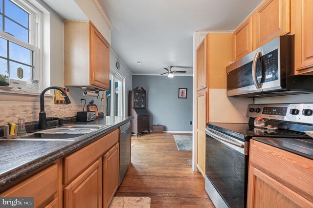 59 Wyatt St, Frederica, DE 19946 - kitchen featuring stainless steel appliances, a sink, dark countertops, dark wood-style flooring, and a ceiling fan