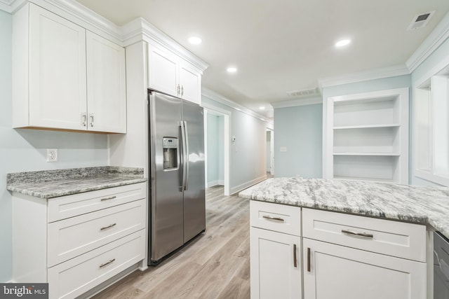 931 Oakdale Cir, Millersville, MD 21108 - kitchen with stainless steel refrigerator with ice dispenser, crown molding, white cabinetry, light wood finished floors, and light stone countertops
