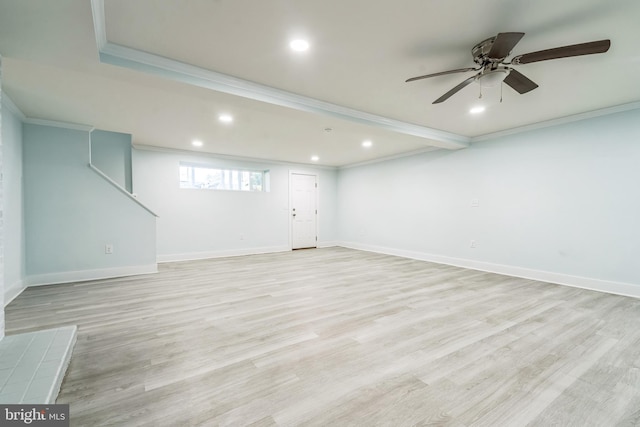 931 Oakdale Cir, Millersville, MD 21108 - below grade area with crown molding, recessed lighting, a ceiling fan, and light wood finished floors