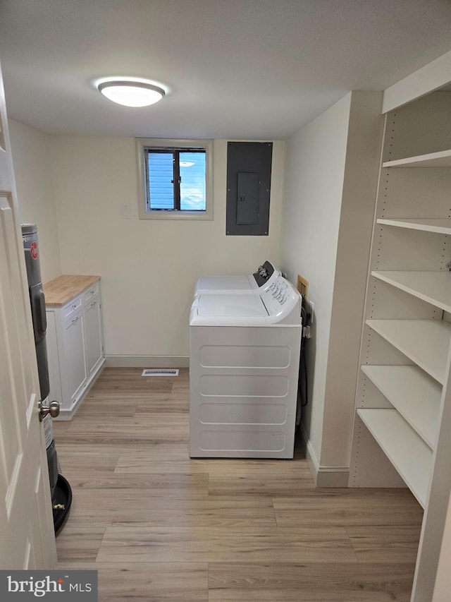 6 Granby Ln, Ocean Pines, MD 21811 - laundry area with electric panel, separate washer and dryer, light wood finished floors, and baseboards