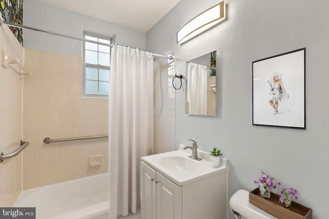 full bathroom with toilet, shower / bathtub combination with curtain, and vanity
