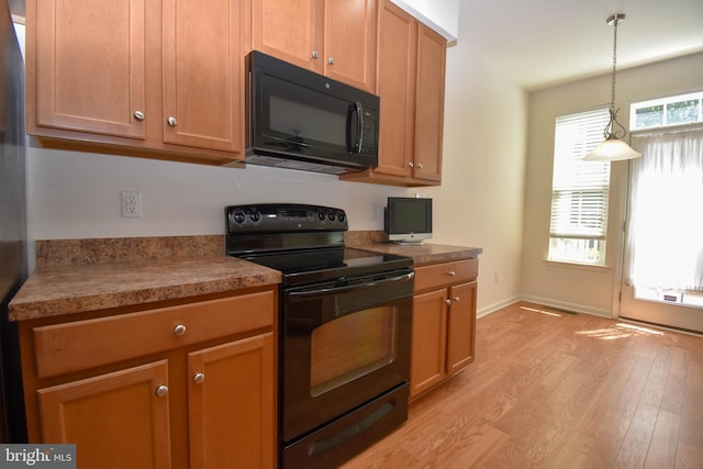 10020 Iron Pointe Dr Unit 9D, Millsboro, DE 19966 - kitchen featuring black appliances, light wood-style flooring, decorative light fixtures, and baseboards