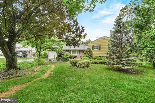 view of green lawn with an attached garage and concrete driveway