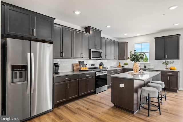 kitchen featuring stainless steel appliances, a breakfast bar, decorative backsplash, a center island, and light wood-style floors