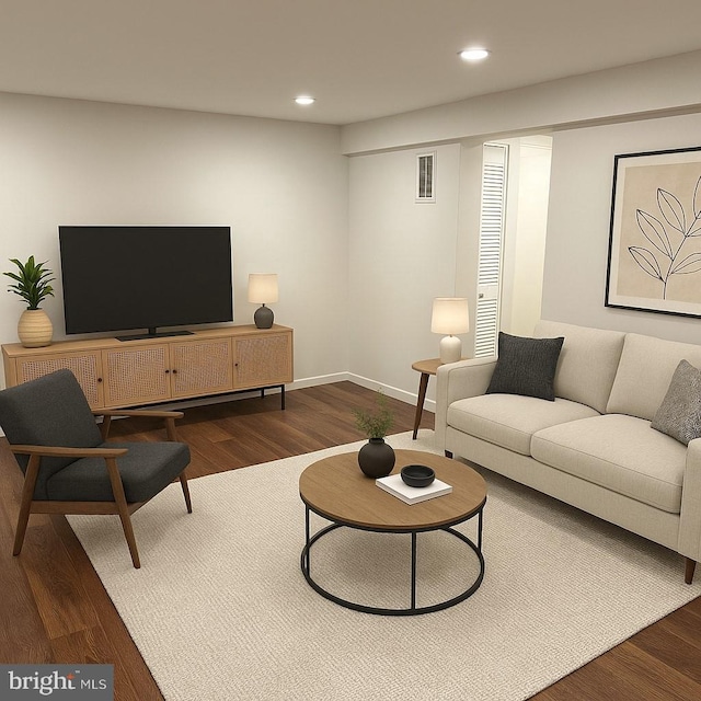 living area with dark wood-type flooring, recessed lighting, and baseboards