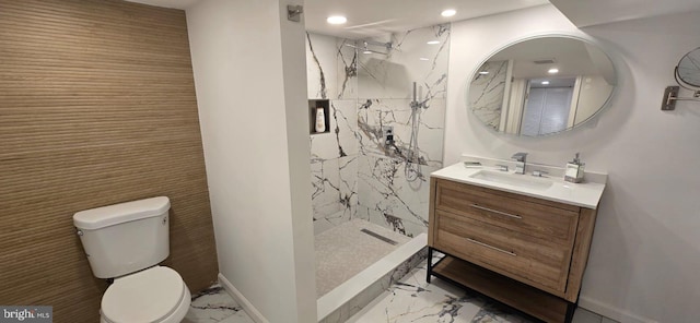 full bath with marble finish flooring, toilet, vanity, a marble finish shower, and recessed lighting