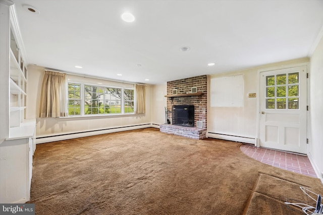 unfurnished living room featuring a baseboard radiator, carpet floors, a brick fireplace, and recessed lighting