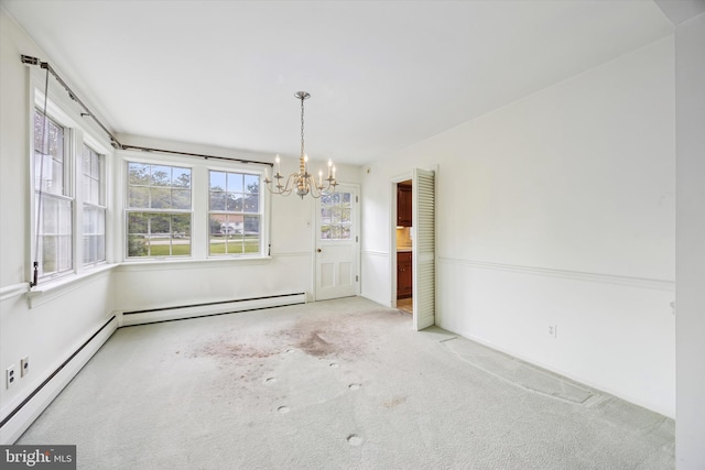 unfurnished dining area with a chandelier, carpet flooring, and baseboard heating