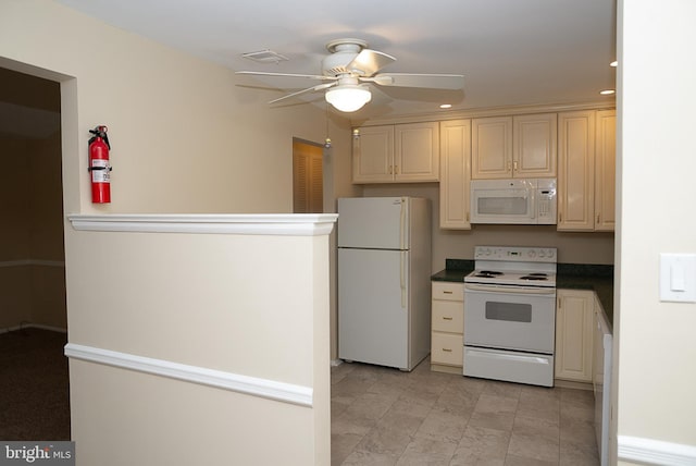 kitchen with white appliances, a ceiling fan, recessed lighting, and dark countertops