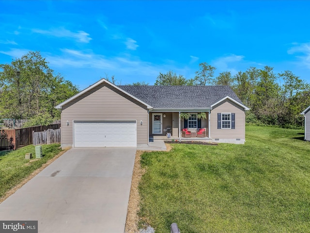 326 Soldier Dr, Bunker Hill, WV 25413 - ranch-style home featuring concrete driveway, covered porch, crawl space, an attached garage, and roof with shingles