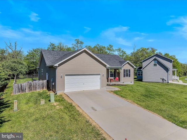 326 Soldier Dr, Bunker Hill, WV 25413 - ranch-style home with a garage, concrete driveway, roof with shingles, and a porch