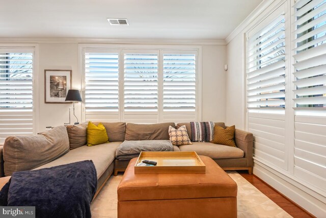 living area with light wood-style floors, crown molding, and plenty of natural light