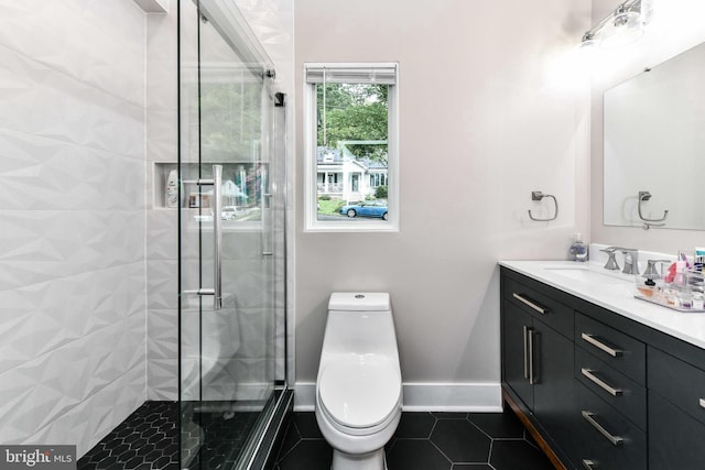 2432 S Culpeper St, Arlington, VA 22206 - bathroom featuring tile patterned flooring, a stall shower, baseboards, toilet, and vanity