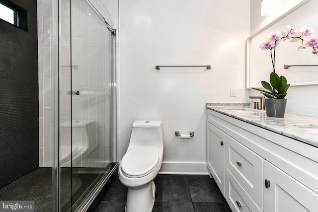 2432 S Culpeper St, Arlington, VA 22206 - bathroom with baseboards, a stall shower, tile patterned flooring, vanity, and toilet