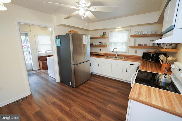 20560 Nanticoke Rd, Nanticoke, MD 21840 - kitchen featuring freestanding refrigerator, open shelves, a sink, butcher block counters, and electric range