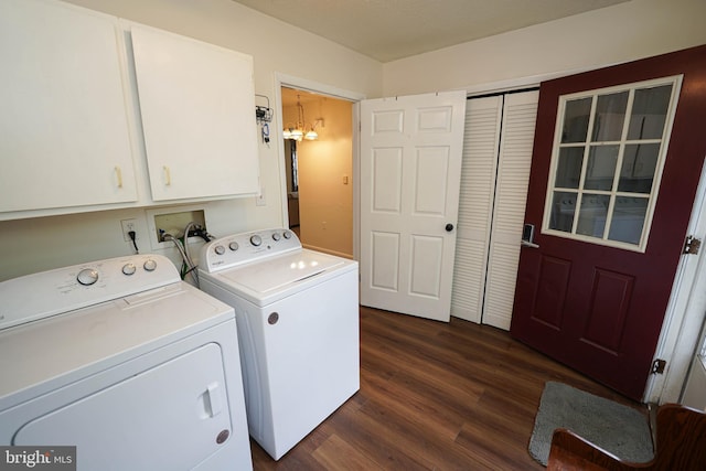 20560 Nanticoke Rd, Nanticoke, MD 21840 - clothes washing area with cabinet space, washing machine and clothes dryer, dark wood-style flooring, and a chandelier