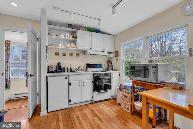 607 Rosedale Rd, Princeton, NJ 08540 - kitchen with white range with gas cooktop, stainless steel microwave, rail lighting, a baseboard radiator, and white cabinetry
