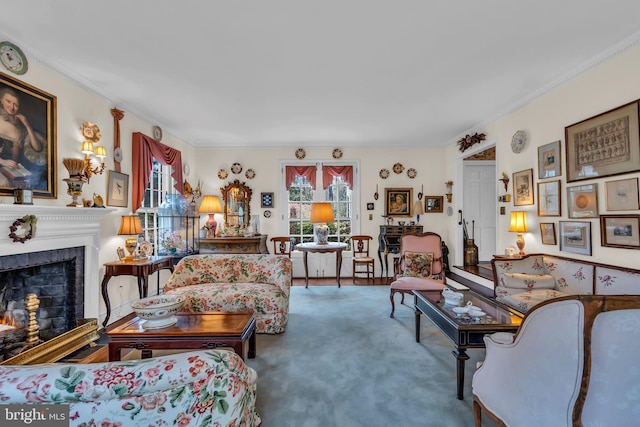 607 Rosedale Rd, Princeton, NJ 08540 - carpeted living room with a lit fireplace and ornamental molding
