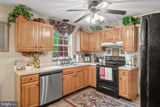 kitchen with black appliances, under cabinet range hood, a sink, a ceiling fan, and light countertops