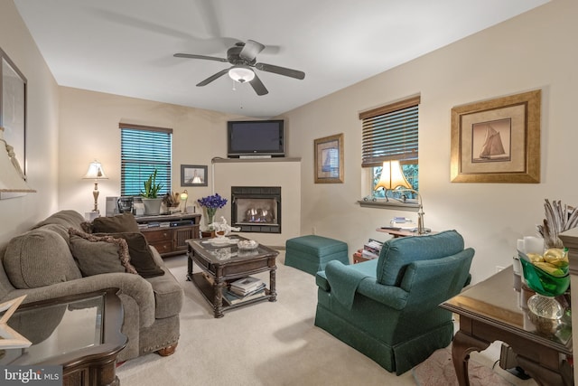 living area with carpet flooring, a ceiling fan, healthy amount of natural light, and a warm lit fireplace