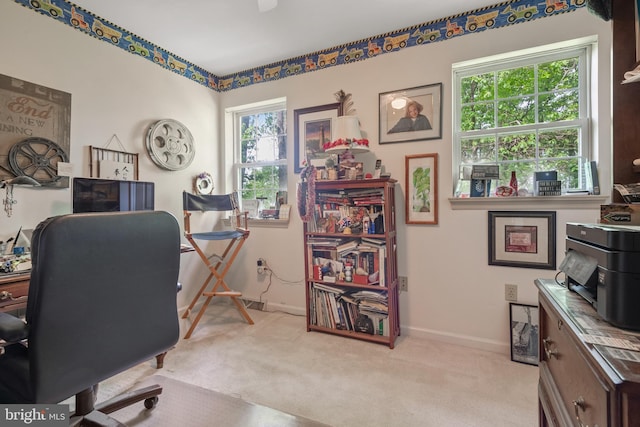 office with light colored carpet and baseboards