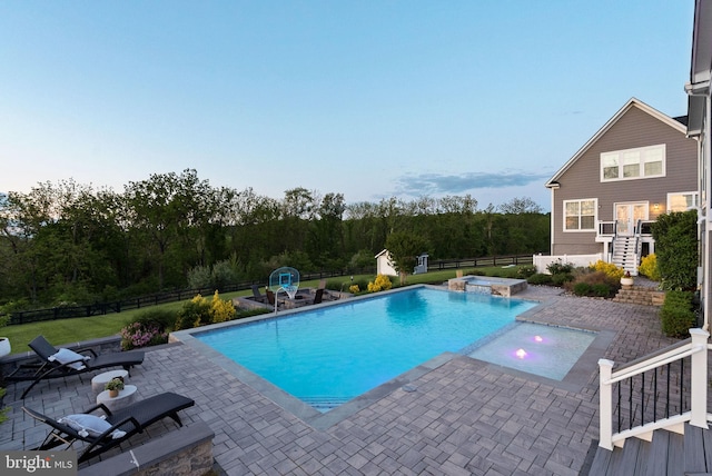16024 Waterford Crest Pl, Paeonian Springs, VA 20129 - view of pool with a pool with connected hot tub, stairway, a fenced backyard, and a patio area