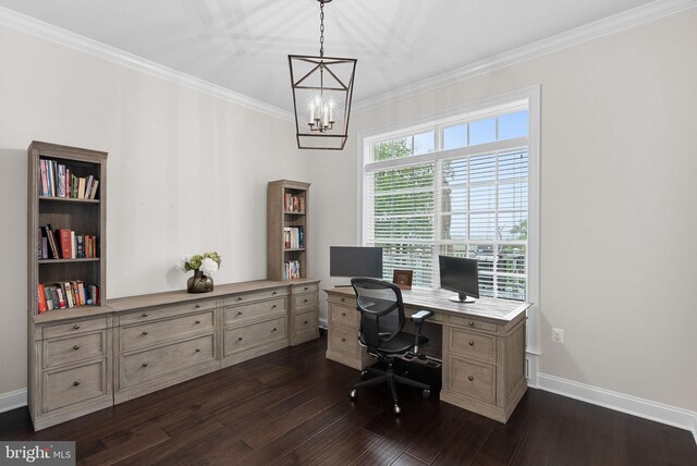 16024 Waterford Crest Pl, Paeonian Springs, VA 20129 - office area with a chandelier, dark wood finished floors, ornamental molding, and baseboards