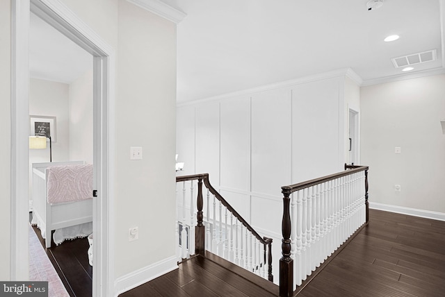 16024 Waterford Crest Pl, Paeonian Springs, VA 20129 - hall with an upstairs landing, dark wood-style flooring, baseboards, crown molding, and recessed lighting