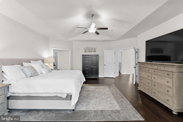 16024 Waterford Crest Pl, Paeonian Springs, VA 20129 - bedroom featuring dark wood finished floors, vaulted ceiling, and ceiling fan