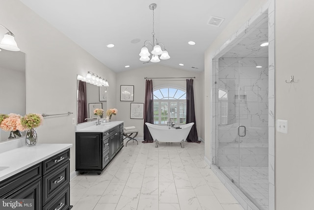 16024 Waterford Crest Pl, Paeonian Springs, VA 20129 - bathroom featuring a marble finish shower, vaulted ceiling, marble look tile flooring, a chandelier, and a soaking tub