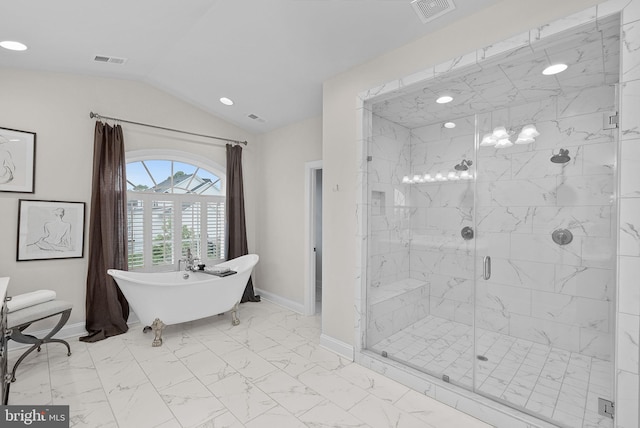 16024 Waterford Crest Pl, Paeonian Springs, VA 20129 - full bath featuring vaulted ceiling, a soaking tub, a shower stall, marble finish flooring, and baseboards