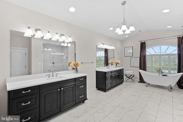 16024 Waterford Crest Pl, Paeonian Springs, VA 20129 - full bathroom featuring marble finish floors, plenty of natural light, a chandelier, tiled shower, and vaulted ceiling