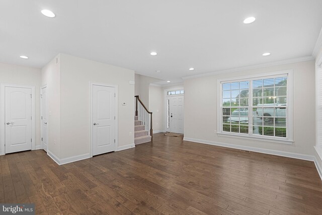 16024 Waterford Crest Pl, Paeonian Springs, VA 20129 - unfurnished living room featuring stairway, baseboards, ornamental molding, wood finished floors, and recessed lighting