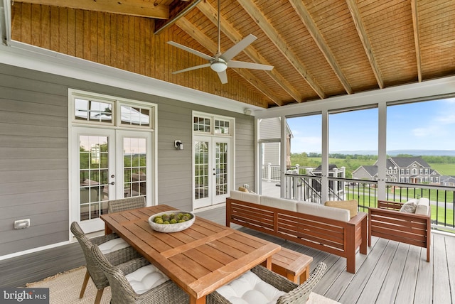 16024 Waterford Crest Pl, Paeonian Springs, VA 20129 - sunroom featuring french doors, ceiling fan, and outdoor lounge area