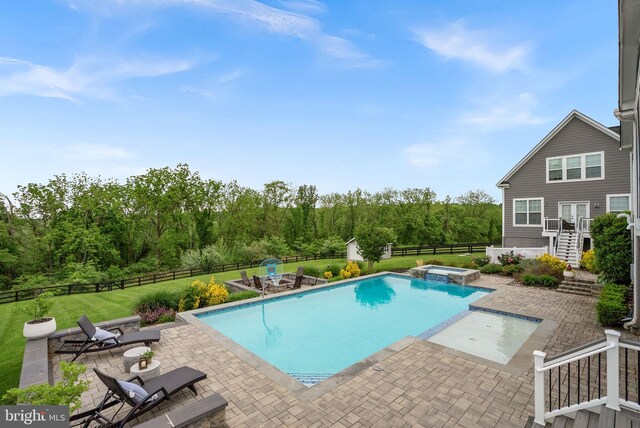 16024 Waterford Crest Pl, Paeonian Springs, VA 20129 - view of pool featuring stairway, a patio, an outbuilding, and a pool with connected hot tub