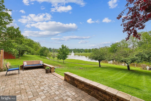 22615 Upperville Heights Sq, Ashburn, VA 20148 - view of patio with a water view, an outdoor living space, and view of scattered trees