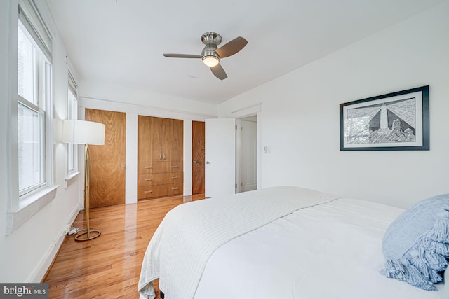 bedroom featuring light wood finished floors, multiple windows, baseboards, and a ceiling fan