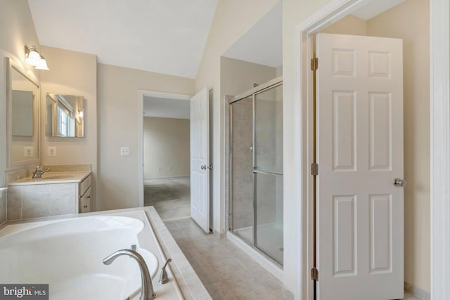 42522 Neighborly Ln, Chantilly, VA 20152 - bathroom with a shower stall, vanity, a garden tub, baseboards, and tile patterned floors