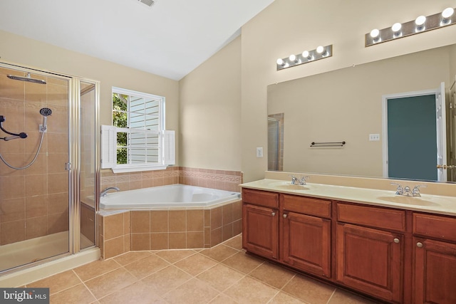 10016 Love Song Ct, Laurel, MD 20723 - full bath featuring a bath, a shower stall, tile patterned floors, lofted ceiling, and double vanity