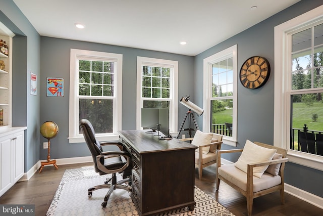 133 Greentree Farm Dr, Dickerson, MD 20842 - office area with healthy amount of natural light, dark wood finished floors, baseboards, and recessed lighting