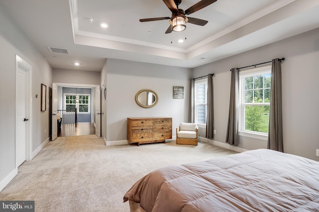 133 Greentree Farm Dr, Dickerson, MD 20842 - bedroom featuring multiple windows, recessed lighting, light colored carpet, crown molding, and a tray ceiling