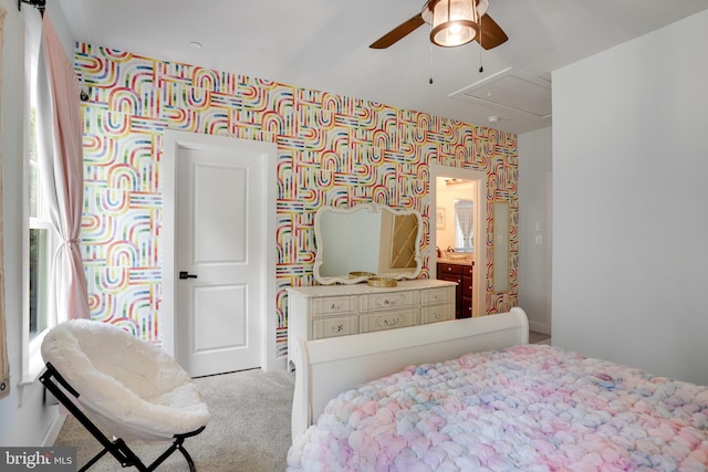 133 Greentree Farm Dr, Dickerson, MD 20842 - bedroom featuring attic access, wallpapered walls, carpet flooring, and ceiling fan