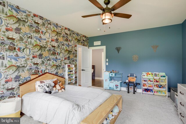 133 Greentree Farm Dr, Dickerson, MD 20842 - carpeted bedroom with baseboards, wallpapered walls, an accent wall, and ceiling fan