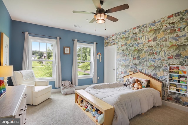133 Greentree Farm Dr, Dickerson, MD 20842 - bedroom featuring light colored carpet, wallpapered walls, baseboards, and ceiling fan